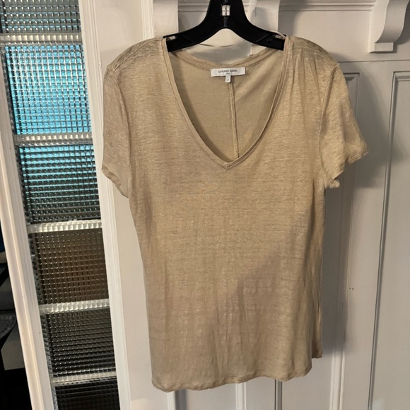 Gerard Darel Paris Shirt Womens Size 2 Tan Tee Shirt  V-neck Designer 100% Linen - Picture 3 of 10